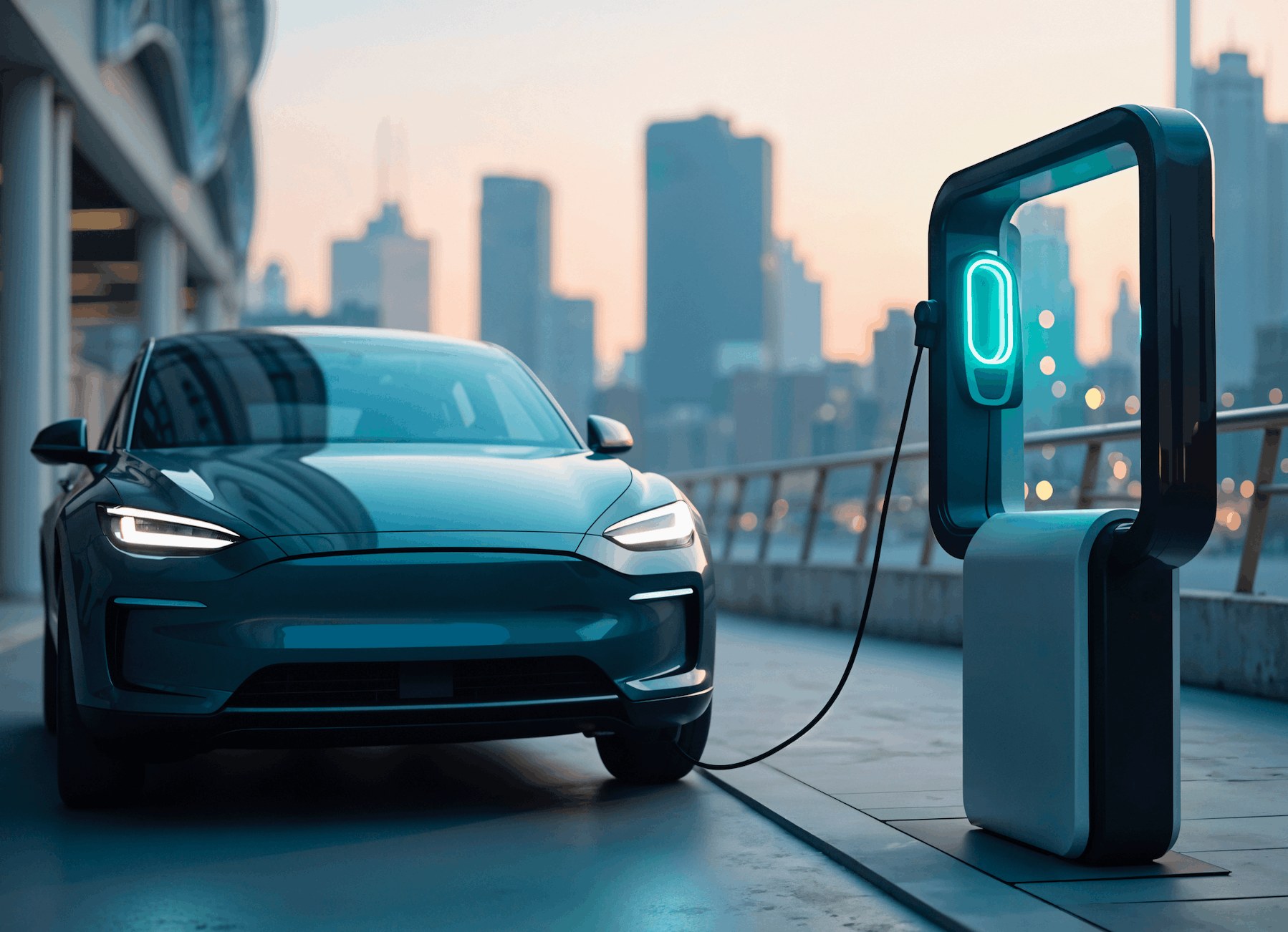 Electric vehicle plugged into a modern charging station with a city skyline at dusk